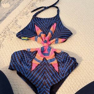 Mara Hoffman Blue Patterned One-Piece Swimsuit with Pink & Orange Starburst